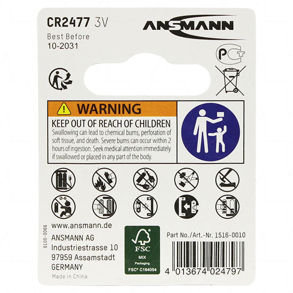 Ansmann CR2477-BP1(A) 1516-0010 Ansmann CR2477 Consumer Lithium Battery Coin Cell