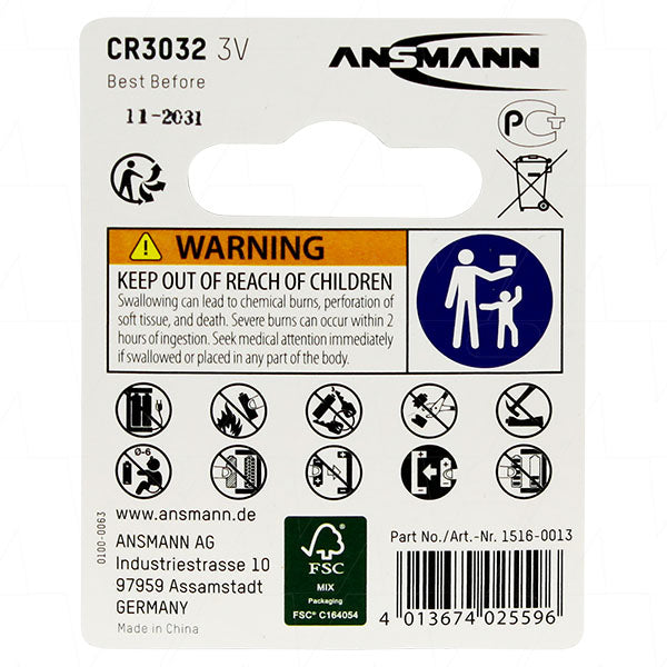 Ansmann CR3032-BP1(A) 1516-0013 Ansmann CR3032 Consumer Lithium Battery Coin Cell