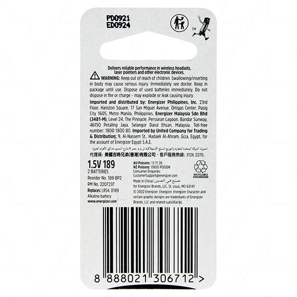 Energizer 189-BP2 189 Energizer Alkaline battery replaces 189, 189A, AG10, G10A, GP189, KA54, L1131, LR1130, LR54, RW89, V10GA