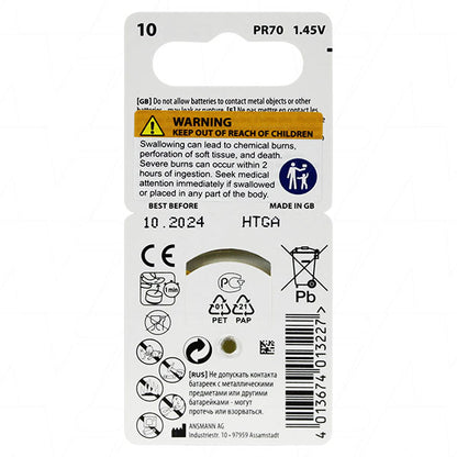 Ansmann A10-BP6(A) Hearing aid battery - 5013223 (replaces 10AP, 10HPX, A10, AC230E, PR536, PR70, PZA230, V10, V10A, V230A, ZA10)