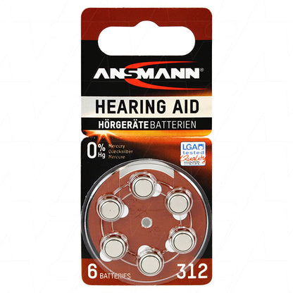 Ansmann A312-BP6(A) 5013233 hearing aid battery (replaces 312, 312AP, 312HPX, A312, AC312E, DA312H, NR41, PR41, PZA312, V312A, V312AT, V312HM, ZA312)