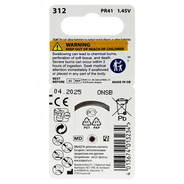 Ansmann A312-BP6(A) 5013233 hearing aid battery (replaces 312, 312AP, 312HPX, A312, AC312E, DA312H, NR41, PR41, PZA312, V312A, V312AT, V312HM, ZA312)