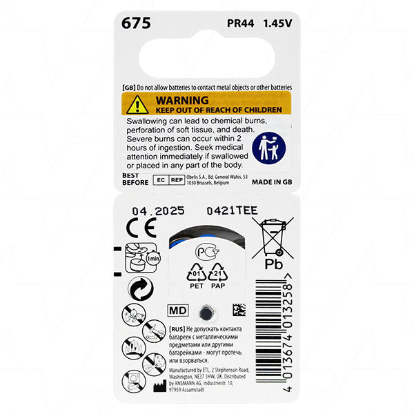 Ansmann A675-BP6(A) 5013253 hearing aid battery (replaces 675, 675A, 675AP, 675HPX, A675, AC675E, AZA675, DA675H, NR44, PR44, PRX675H, PZA675, V675, V675A, V675AT, V675HP, ZA675)