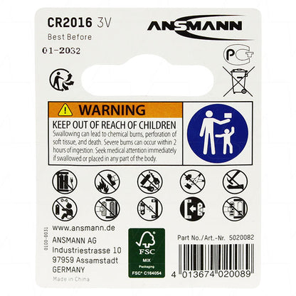 Ansmann CR2016-BP1(A) 5020082 Ansmann CR2016 Consumer Lithium Battery Coin Cell