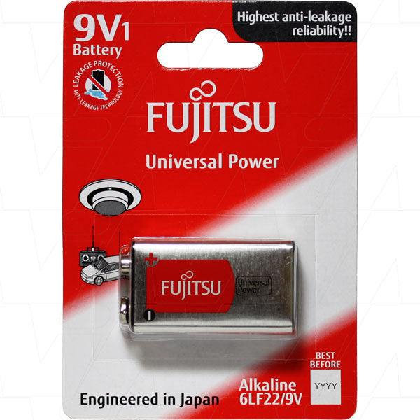 Fujitsu 6LF22(1B)FU Fujitsu Universal Power 6LF22 9V size alkaline battery. Replaces 6LF22, 4022, 522, 6AM6, 6LR61, EN522, GP1604A, K9V, MN1604, PC1604