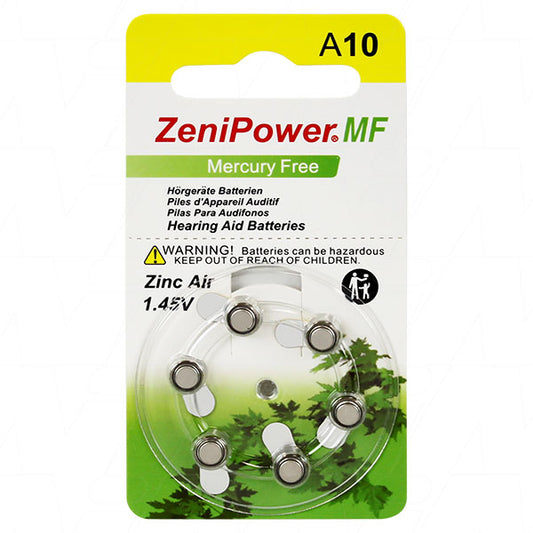 Zenipower A10-BP6 A10 hearing aid battery (replaces 10AP, 10HPX, A10, AC230E, PR536, PR70, PZA230, V10, V10A, V230A, ZA10)