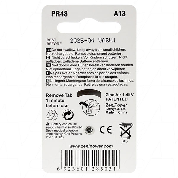 Zenipower A13-BP6 A13 hearing aid battery (replaces 13AP, 13HPX, A13, AC13E, DA13H, NR48, PR13H, PR48, PZA13, V13, V13A, V13AT, V13HM, ZA13)