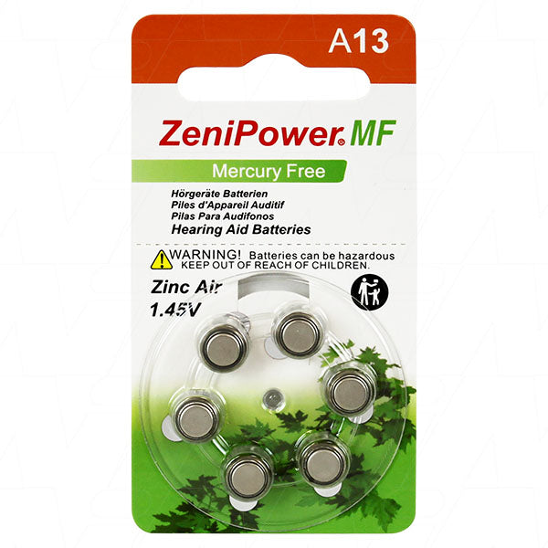 Zenipower A13-BP6 A13 hearing aid battery (replaces 13AP, 13HPX, A13, AC13E, DA13H, NR48, PR13H, PR48, PZA13, V13, V13A, V13AT, V13HM, ZA13)