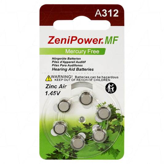 Zenipower A312-BP6 A312 hearing aid battery (replaces 312, 312AP, 312HPX, A312, AC312E, DA312H, NR41, PR41, PZA312,V312A, V312AT, V312HM, ZA312)