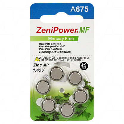 Zenipower A675-BP6 A675 hearing aid battery (replaces 675, 675A, 675AP, 675HPX, A675, AC675E, DA675H, NR44, PR44, PRX675H, PZA675, V675, V675A, V675AT, V675HP, ZA675)