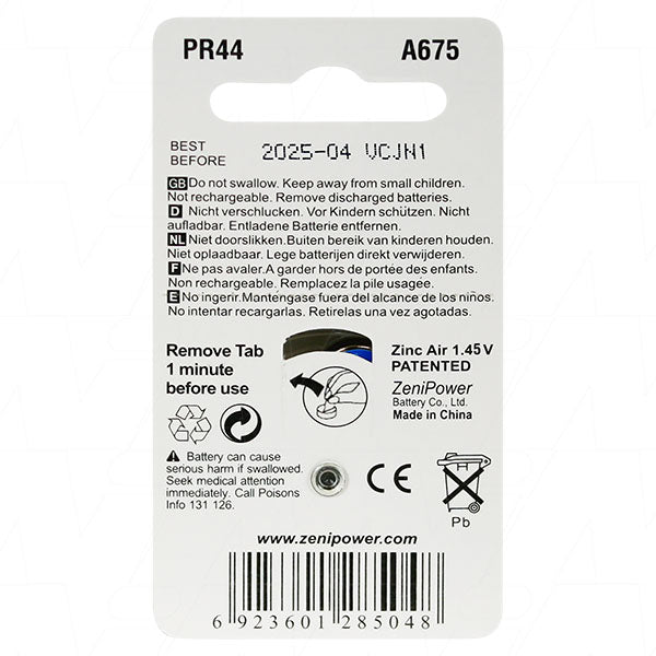 Zenipower A675-BP6 A675 hearing aid battery (replaces 675, 675A, 675AP, 675HPX, A675, AC675E, DA675H, NR44, PR44, PRX675H, PZA675, V675, V675A, V675AT, V675HP, ZA675)