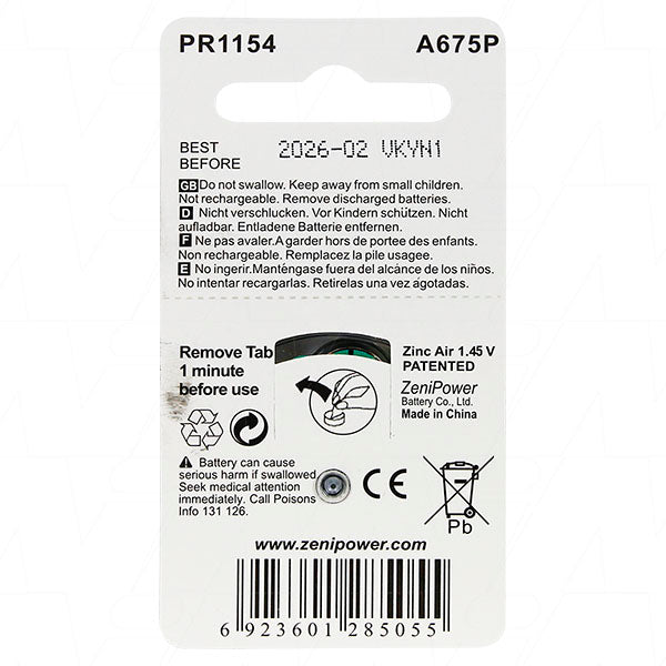 Zenipower A675P-BP6 Hearing aid button cell designed for use with Cochlear implant BTE speech processor