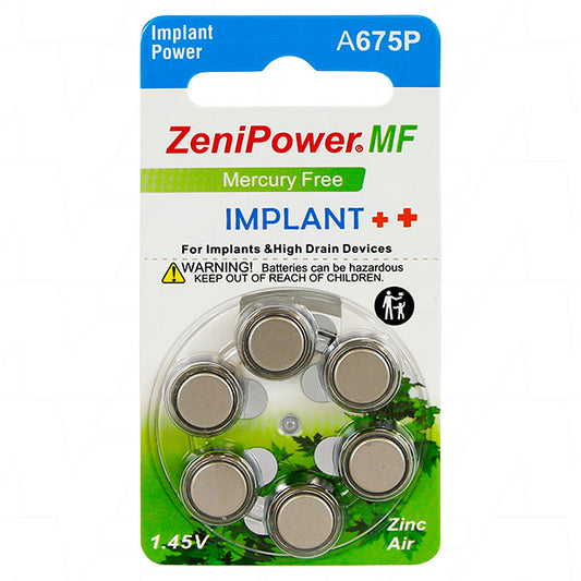 Zenipower A675P-BP6 Hearing aid button cell designed for use with Cochlear implant BTE speech processor