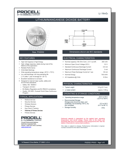 Procell CR2032-BP5(PX) CR2032 3V Procell Intense Lithium Coin Cell Blister of 5