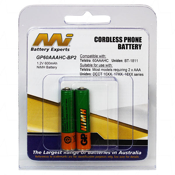 GP 60AAAHC-BP2 Consumer Rechargeable AAA NiMH Battery (2pcs) ideal for Cordless Telephone Batteries including Telstra, Uniden