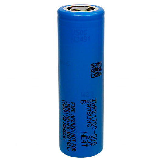 INR21700-50G Samsung 3.6V 21700 size 4900mAh cylindrical High-Temp LiIon Cell 14.7A Max Cont. Discharge to 60°C. Version B.