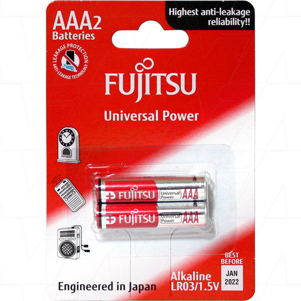 Fujitsu LR03(2B)FU Fujitsu Universal Power LR03 AAA size alkaline battery. Replaces LR03, 24A, 4003, 4903, 824, AM4, E92, EN92, GP24A, KAAA, MN2400