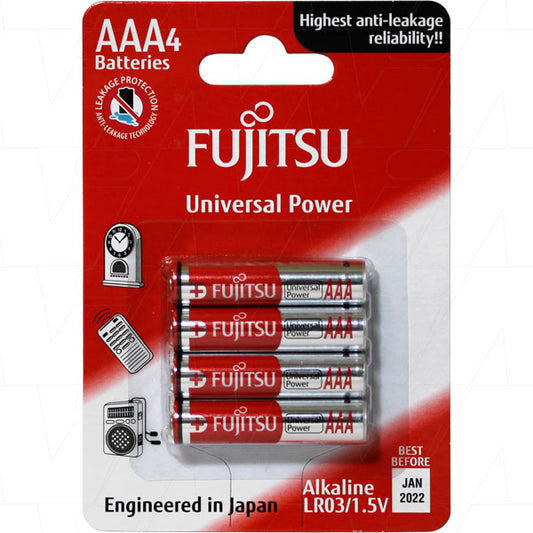 Fujitsu LR03(4B)FU Fujitsu Universal Power LR03 AAA size alkaline battery. Replaces LR03, 24A, 4003, 4903, 824, AM4, E92, EN92, GP24A, KAAA, MN2400