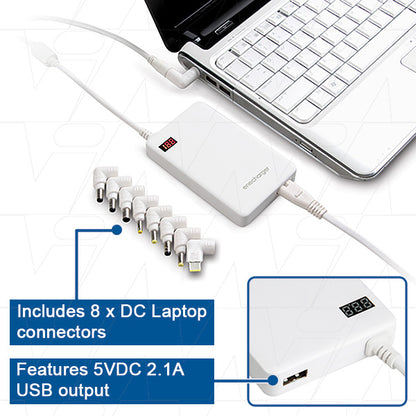 LT-AC90 90W laptop power supply with 12V-24V (6.0A max.) output plus 5V 2.1A max USB output