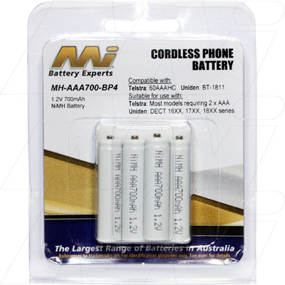 MI Battery Experts MH-AAA700-BP4 MH-AA700 Consumer Rechargeable AAA NiMH Battery (4pcs) with Extended Nipple ideal for Cordless Telephone and Solar Garden Lights