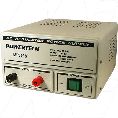 MP3098 Powertech Benchtop power supply. 240VAC input. Output 13.8VDC @ 20Amps.  Replaces MP3075