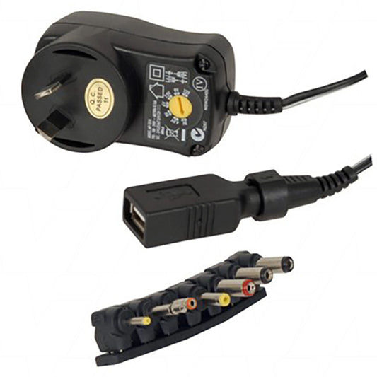 MP3310 3-12V 600mA 7.2W Regulated switchmode power supply with 7 plug adaptors & USB Port